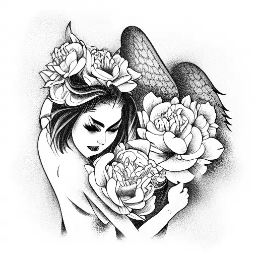 Love Of A Demon Guy And An Angel Girl Against The Background Of Peonies