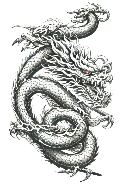 Japanese Dragon Wrapped Around Samurai Sword