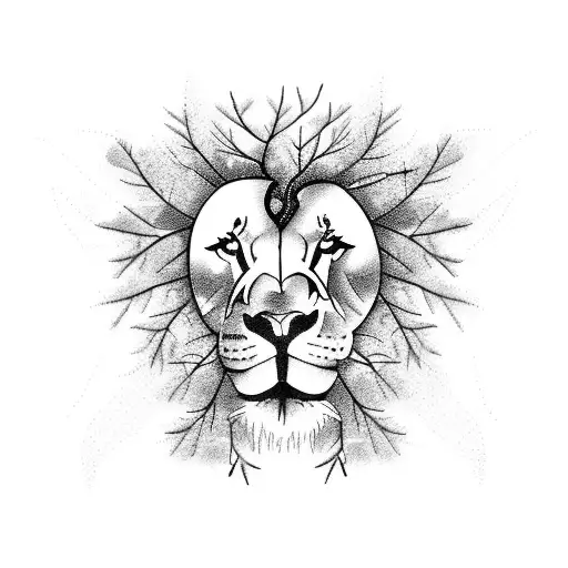 A Tree With Ornamental Leaves And A Lion Silhouette In The Branches