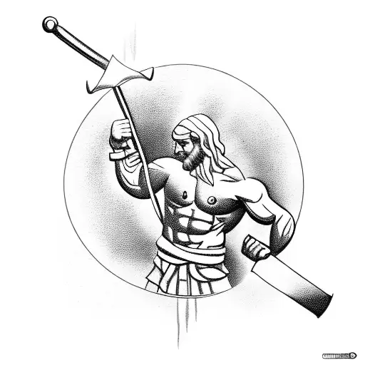 A Muscular Greek God Holding A Barbell In One Hand And A Sword In The Other