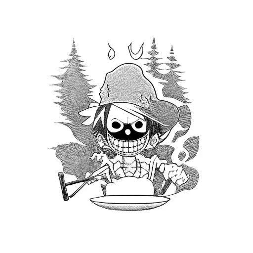 A Detailed Blackwork Tattoo Of Luffy From One Piece Cooking A Delicious Meal In A Forest Setting