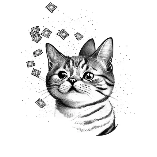 A Tattoo Design Of A Cat And A Dog Playing Together With Money Falling Around Them