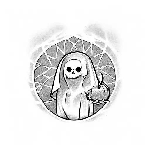 Ghost With A Tomb Stone In One Hand And A Pumpkin Next To Him