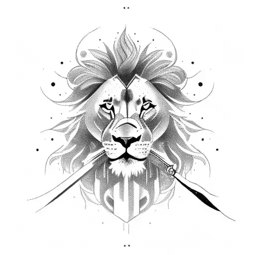 A Blackwork Tattoo Design Featuring A Powerful Lion With A Sword