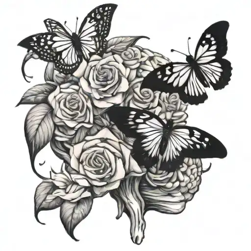 An Elegant Black And Grey Tattoo Of A Brain Intertwined With Vines Of Butterfly Roses And Lilies