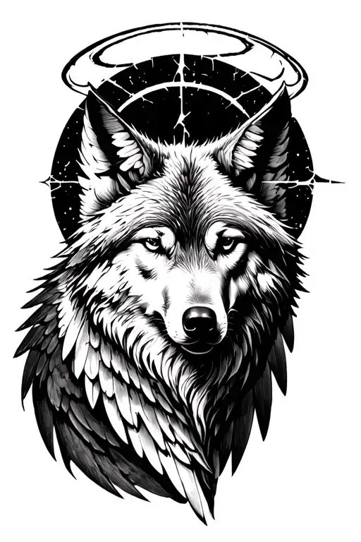 Fallen Angel Wings On Wolf With Cracked Halo