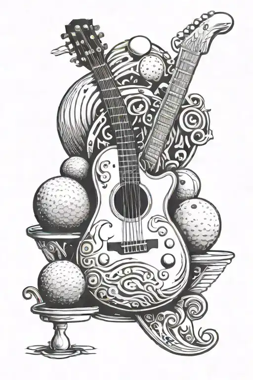 Guitar With Golf Ball And Bowling Pin