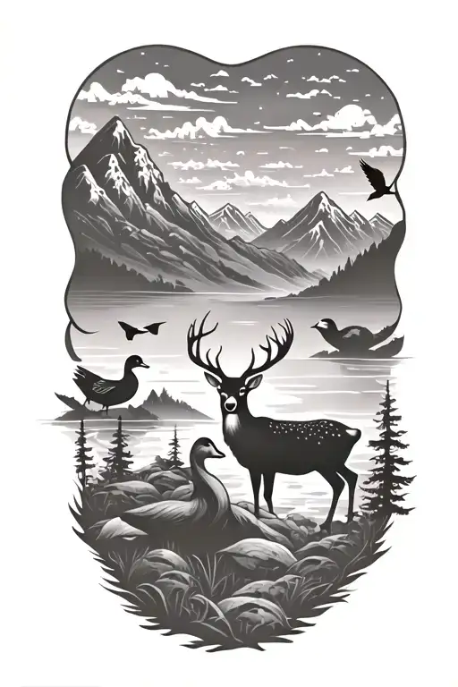 Deer And Duck With Mountians In The Background And Flowing Through The Sky And Birds In The Sky