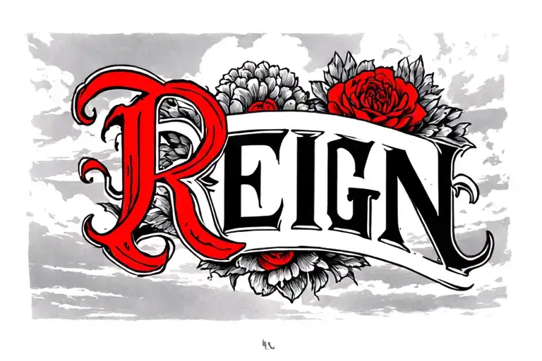 Black White Red Full Neck Tattoo Word Reign With Sky Background And Shading
