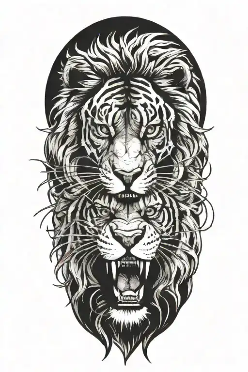 Create A Blackwork Design Featuring A Lion And Tiger Facing Off In A Fierce Battle