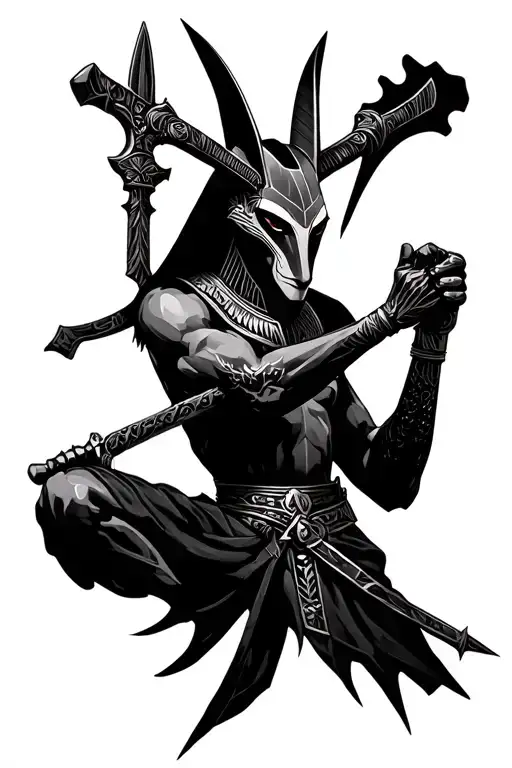 A Futuristic Cyberpunk Interpretation Of Anubis Wielding Martial Arts Weapons