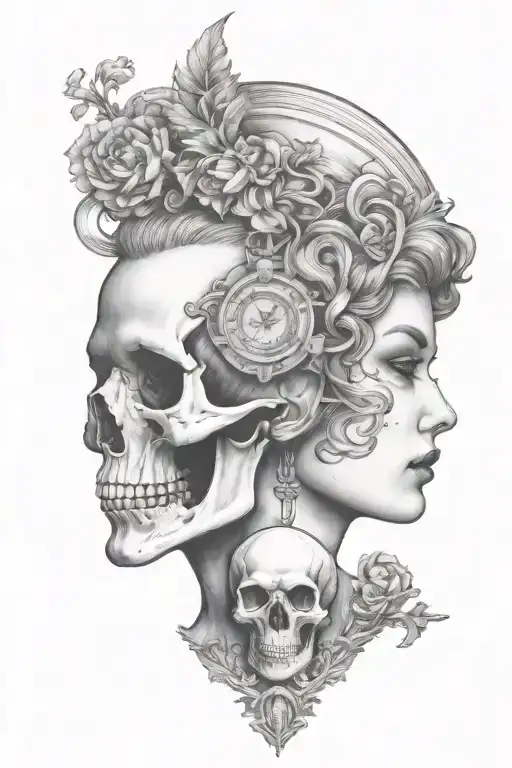 Janus Head Profile Skull And Lady With Hourglass Pendant