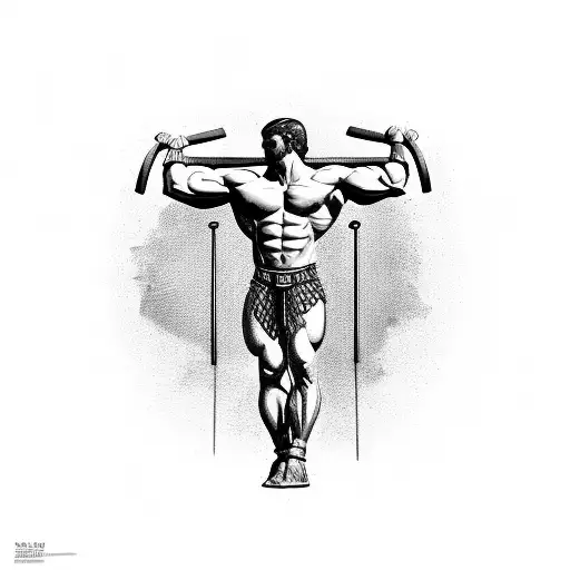 A Muscular Greek God Holding A Barbell In One Hand And A Sword In The Other