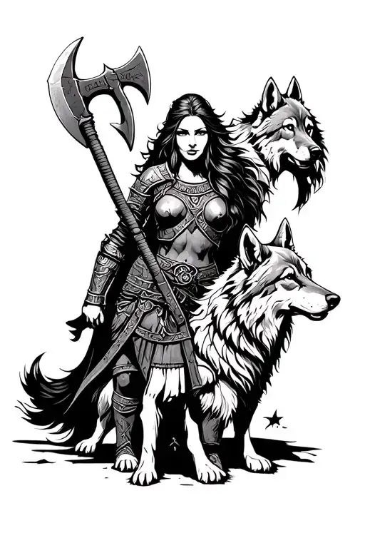 Woman Warrior Viking With A Axe And A Wolf Companion