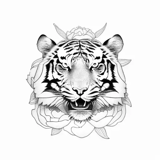 Tiger Head With Peony And Lotus Around Him