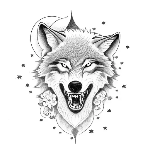 A Wolf Howling At The Moon With A Field Of Blooming Flowers Beneath