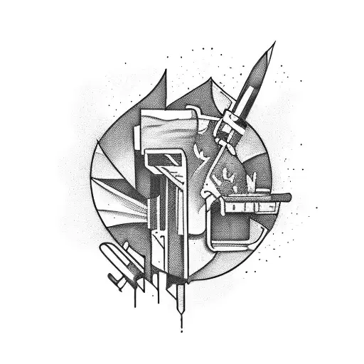 Graffiti-style Freelancer Tattoo Showcasing Various Tools Of The Trade With A Blackwork Aesthetic
