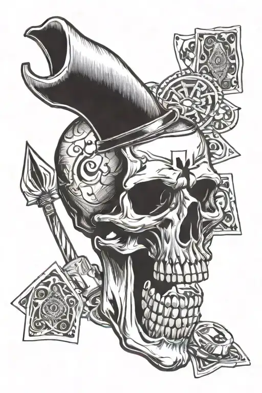Skull With Ace Od Spades In Mouth And Darts In Background
