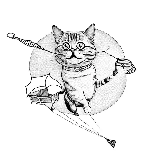 A Blackwork Tattoo Of A Cat Flying A Kite On The Beach