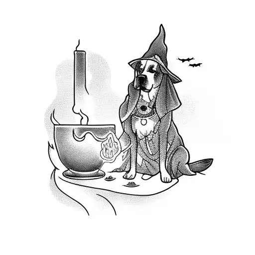 A Witch Brewing A Potion With Her Loyal Dog By Her Side