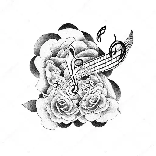 A Blackwork Tattoo Of A Music Note Surrounded By Blooming Flowers