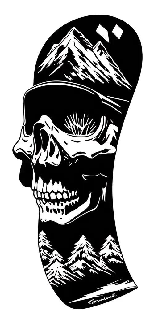 Skull With Snow Boarding Goggles With A Mountain Range With A Double Black Diamond Symbol