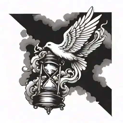 Broken Hourglass Dove Flying Clouds Surrounding