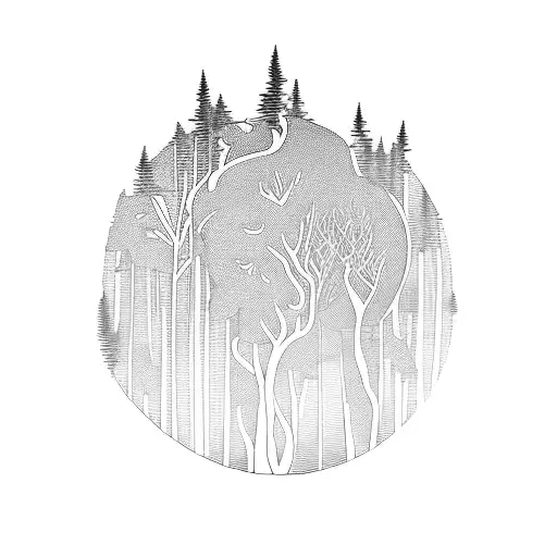 A Mystical Forest With A Silhouette Of Shahmaran Hidden Among The Trees