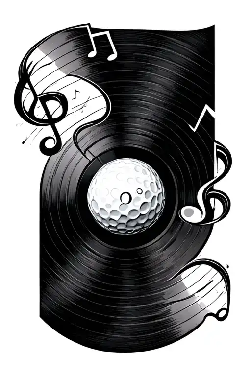 A Golf Ball Morphing Into A Vinyl Record With Musical Notes Around It