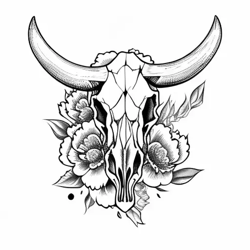 Bull Skull With Peony Flowers At The Sides