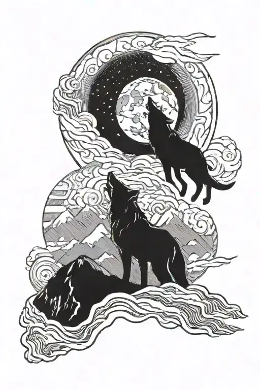 Wolf Howling At The Moon Mountain Range