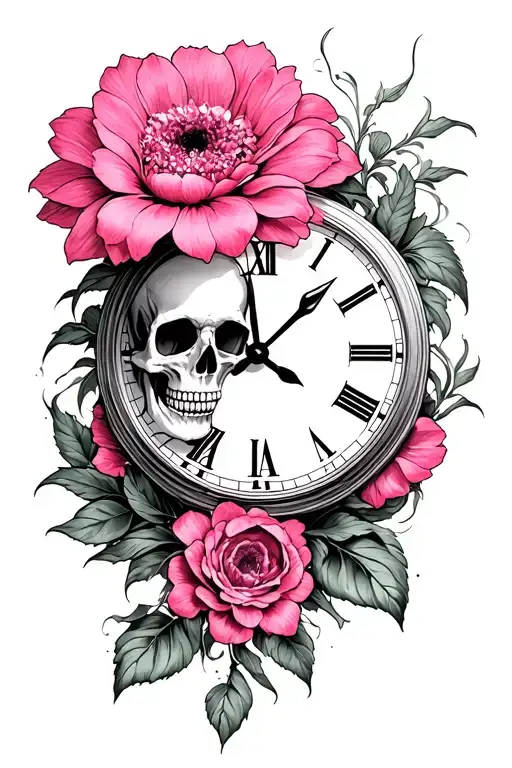 Flower Pink Intertwined Represents The Loss Of His Brother With The Clock Of Time And Skull