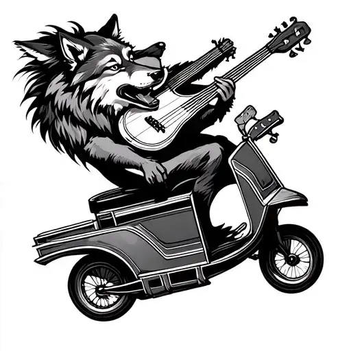 Create A Tattoo Of A Wolf Playing A Musical Instrument While Riding A Transportation Vehicle