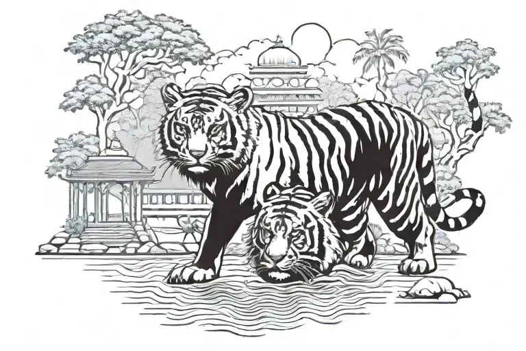 Adult Tiger Drinking From The Ganges River With Temples And Jungle In The Background