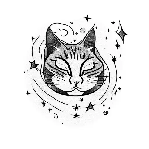 A Whimsical Blackwork Tattoo Of A Sleeping Cat Surrounded By Stars