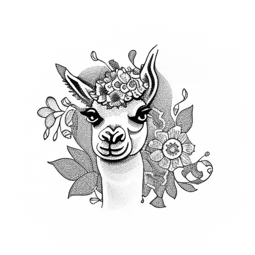 A Blackwork Tattoo Of A Llama Trina Surrounded By A Rosary And Flowers