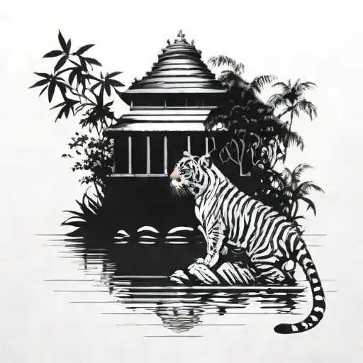Tiger Drinking From River In The Mangroves With Indian Temples In The Background