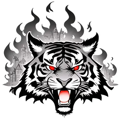 Angry Tiger With Red Eyes With A Town In Flames Behind Him