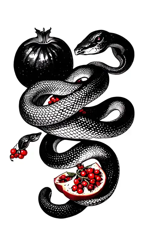 Several Pieces Of Black And White Snakes With Cut Pomegranates That Have Red Berries