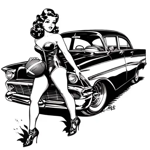 A Tattoo Of A Sexy Pin-up Girl Holding A Football And Leaning Against A Classic Car