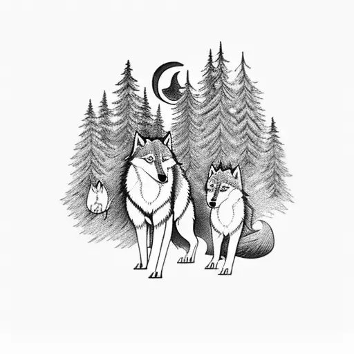 A Serene Moonlit Forest With A Majestic Wolf Leading Its Three Adorable Cubs