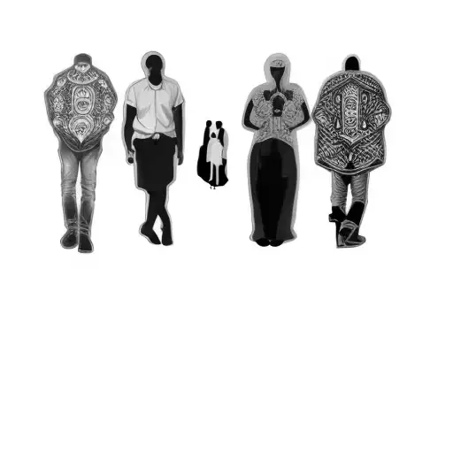 A Group Of People Standing In Front Of A Black Background