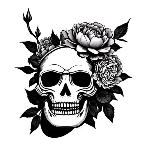 Samurai Mask Skull Peonies Growing