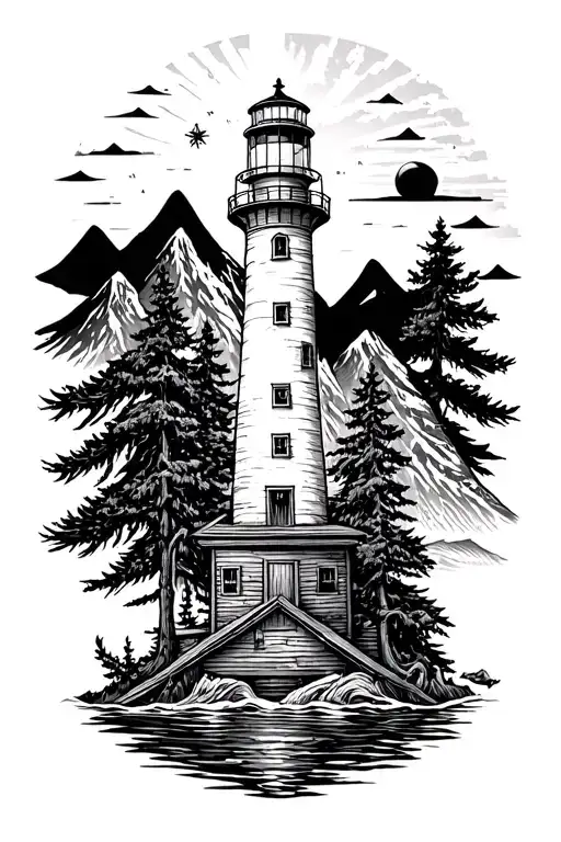 Compass Anchor Lighthouse Mountains Trees