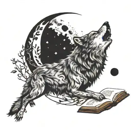 A Wolf Howling At A Full Moon While Holding A Book In Its Paw
