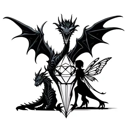 Dark Dragon Guarding A Diamond Met By A Sweet Fairy With Tribal Wings