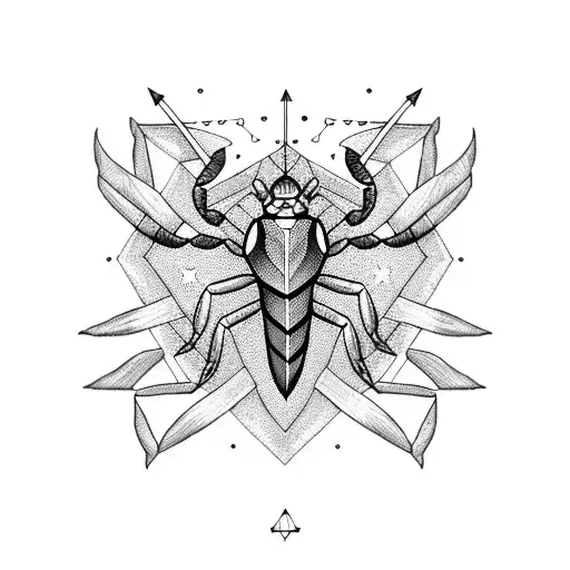 A Blackwork Design Of A Scorpion And A Constellation Arrow Representing Sagittarius