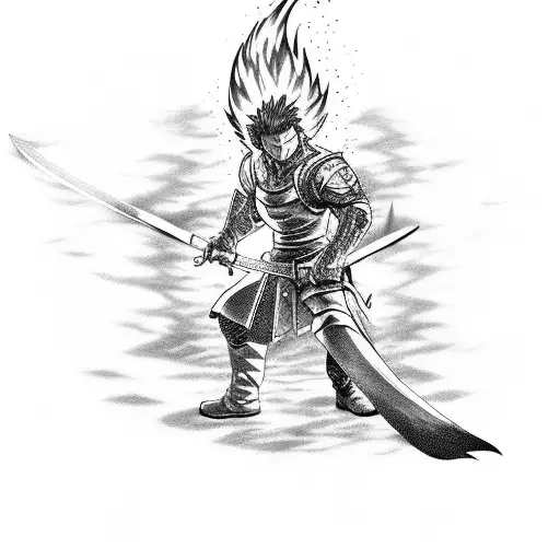 A Fierce Anime Warrior Wielding A Flaming Sword In A Dramatic Battle Scene