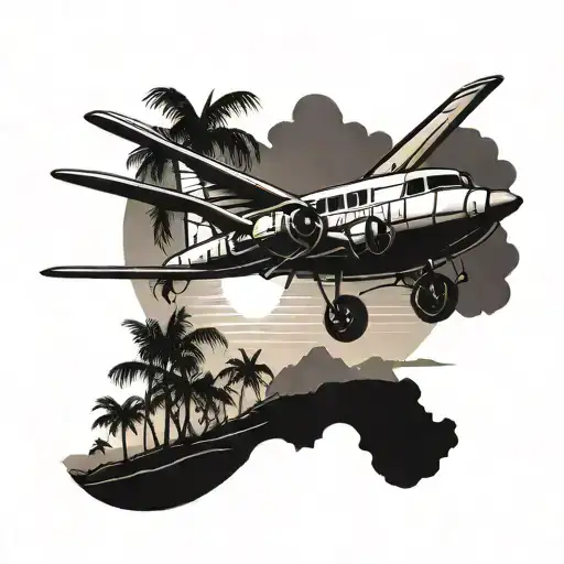A Vintage Airplane Flying Over A Tropical Beach At Sunset
