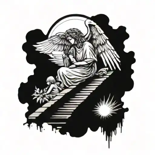 Angel With A Sunrays And Children At His Feet On A Small Bridge